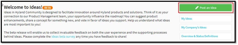 Hyland Ideas Homepage - Post an Idea Button