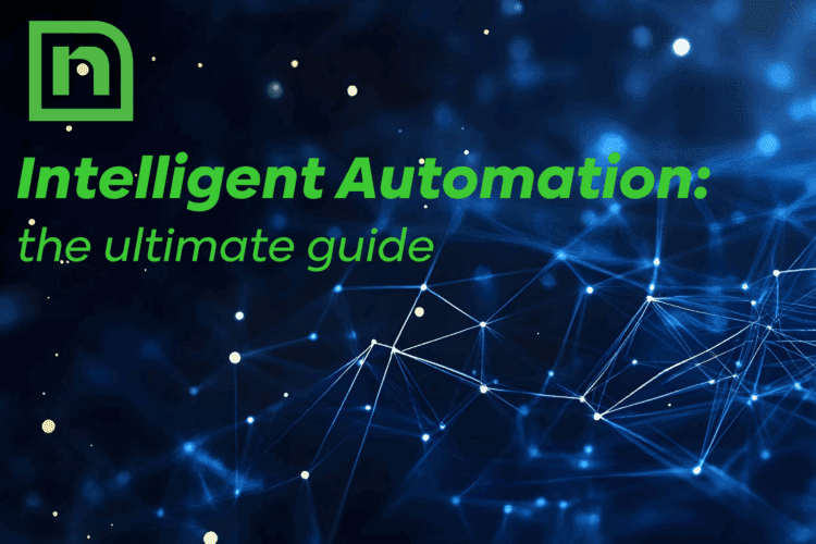 A digital network background with "Intelligent Automation: the ultimate guide" displayed and a green abstract Intelligent Automation logo in the top left corner.
