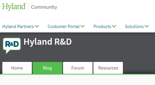 Screenshot showing Hyland R&D blog page in the Hyland Community web portal.