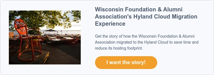 Outdoor seating area near a lake at sunset with text highlighting the Wisconsin Foundation & Alumni Association's Hyland Cloud Migration Experience, insightful hyland cloud tips, and a button labeled "I want the story!.