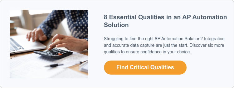 Person using a calculator and laptop at a desk next to text highlighting essential qualities to avoid AP automation mistakes, with a yellow "Find Critical Qualities" button.