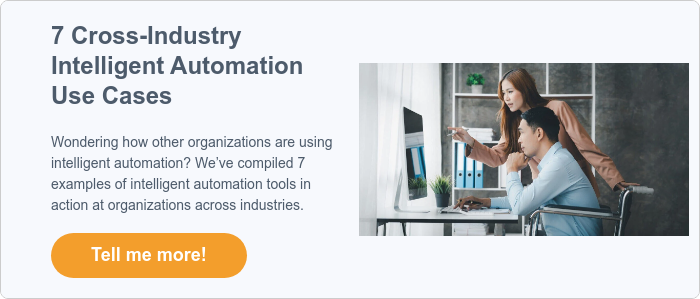 A woman and man work at a desk with a computer. Text reads “7 Cross-Industry Intelligent Automation Growth Use Cases” and includes a button labeled “Tell me more!”.