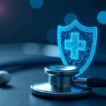 A stethoscope lies on a surface with a glowing digital shield featuring a medical cross symbol above it, representing healthcare and medical protection.