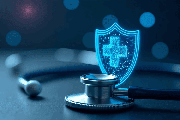 A stethoscope lies on a surface with a glowing digital shield featuring a medical cross symbol above it, representing healthcare and medical protection.