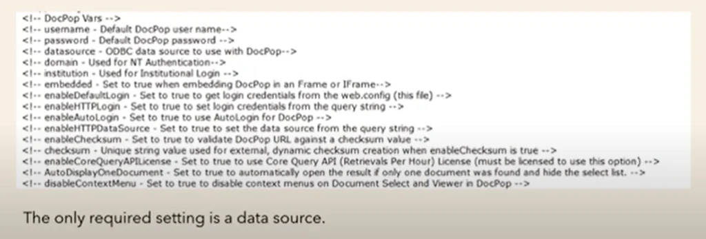 A settings menu displays configuration options for OnBase DocPop, with the "Only required setting is a data source" message shown at the bottom.