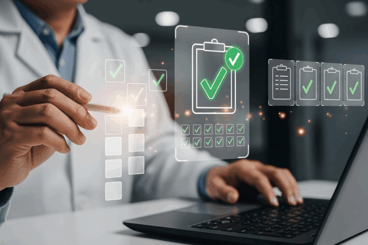 A person in a lab coat uses a laptop, selecting digital checklists and check marks on a transparent screen overlay, representing task completion or approval.