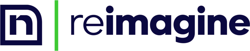 A dark blue stylized “n” icon representing Naviant is followed by the word “reimagine” in bold, lowercase blue letters, separated from the left edge by a vertical green line.