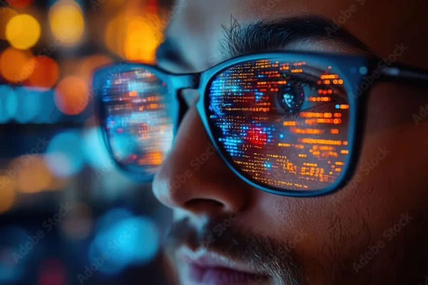 Close-up of a person wearing glasses with colorful computer code reflected in the lenses, suggesting focus on programming or digital technology.