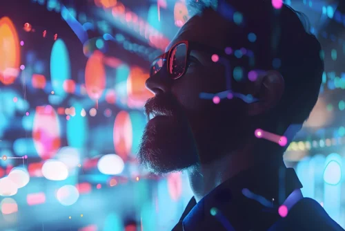 A man with a beard and glasses stands in profile, illuminated by colorful, abstract lights and digital patterns in a dark setting.