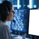 Two people wearing headsets work at computer stations with multiple monitors in a control room, illustrating managed services uses in 2024; one screen is blank.