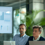 A man in a suit stands and speaks to colleagues during a business meeting, emphasizing the importance of employee buy-in for successful change management, with charts and graphs displayed on a screen in the background.