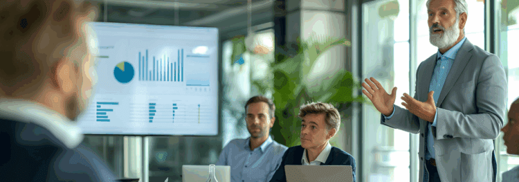 A man in a suit stands and speaks to colleagues during a business meeting, emphasizing the importance of employee buy-in for successful change management, with charts and graphs displayed on a screen in the background.