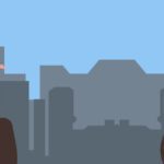 Illustration of a person with a briefcase standing at the edge of a cliff, facing a gap with a city skyline in the background, symbolizing the challenges and opportunities of effective change management strategies.