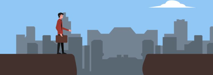 Illustration of a person with a briefcase standing at the edge of a cliff, facing a gap with a city skyline in the background, symbolizing the challenges and opportunities of effective change management strategies.
