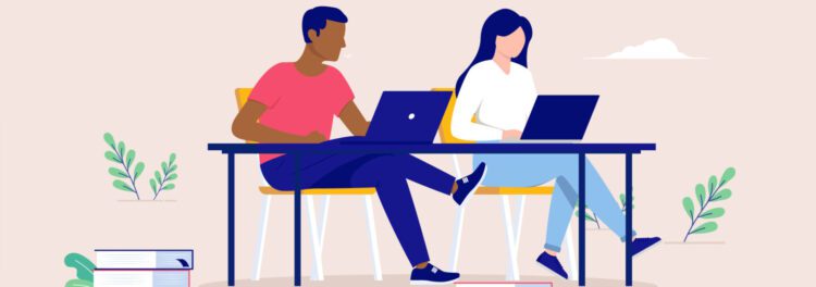 Illustration of a man and a woman sitting at a table, each working on a laptop among plants and books, reflecting collaboration on managed services use cases.