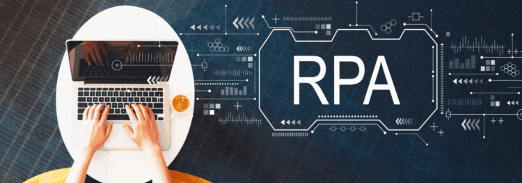 A person types on a laptop at a round white table with a drink, next to a digital graphic displaying "RPA," circuit-like design elements, and examples of rpa use cases.