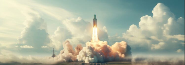 A rocket launches into the sky, producing bright flames and thick clouds of smoke against a partly cloudy backdrop—much like why cloud migration is fueled by the drive for innovation and reaching new heights.