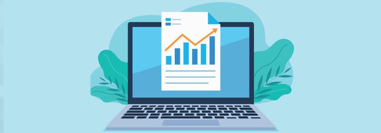 Illustration of a laptop displaying a paper with a bar chart and upward arrow, symbolizing data analysis or business growth powered by intelligent automation savings, with plants in the background.