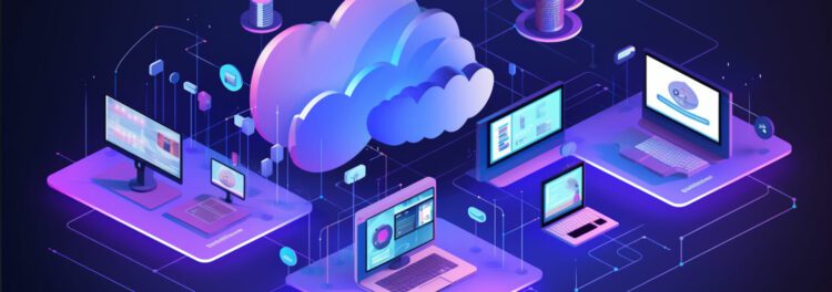 Illustration of computers and laptops connected to a cloud server, representing cloud computing and cloud agility with digital graphs and data charts displayed on screens.