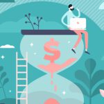 Illustration of a person with a laptop sitting on a large hourglass with a dollar sign inside, surrounded by plants and clouds, symbolizing how AI for accounts payable can help save both time and money.