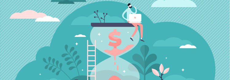 Illustration of a person with a laptop sitting on a large hourglass with a dollar sign inside, surrounded by plants and clouds, symbolizing how AI for accounts payable can help save both time and money.