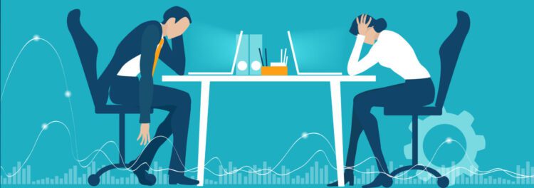Illustration of two office workers sitting at a desk with laptops, both holding their heads in frustration or stress—visualizing the challenges and reasons why digital transformations fail, with abstract data graphics in the background.
