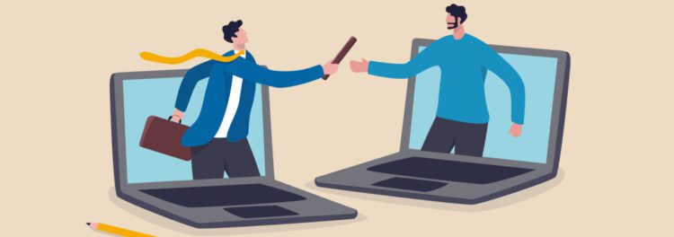 Illustration of two men emerging from laptops, with one handing a baton to the other, symbolizing managed services and virtual teamwork or remote collaboration.
