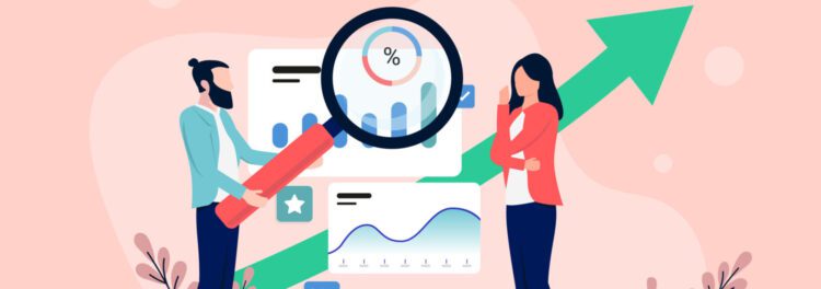 Illustration of a man and woman analyzing graphs and data, highlighting AP KPIs with a large magnifying glass and an upward green arrow that indicates growth.