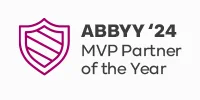 A purple outlined shield icon next to bold text "ABBYY '24 MVP Partner of the Year" on a white background.