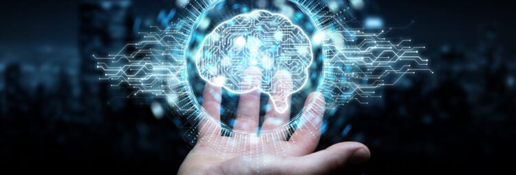 A hand is held up with a digital illustration of a brain and circuitry overlay above it, symbolizing artificial intelligence, technology, and the future of AI accounts payable solutions.