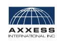 Logo for Axxess International Inc. featuring a stylized globe design above the company name on a blue background.