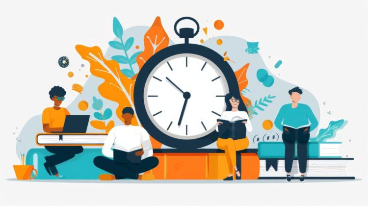 Four people read and work with books and laptops around a large stopwatch, symbolizing time management and productivity in studying or working, while exploring process mining use cases for improved efficiency.