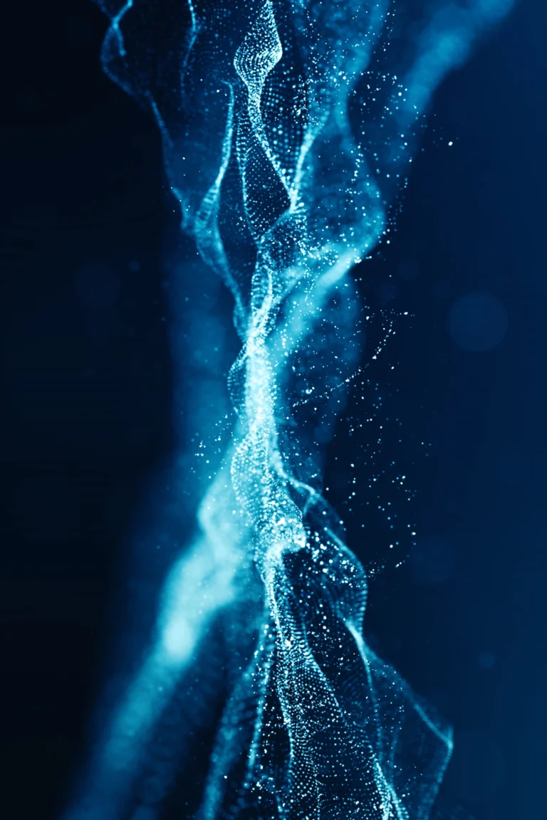 Abstract digital illustration of blue, glowing particles forming wavy lines and shapes against a dark background, resembling a flow of energy or data visualization.