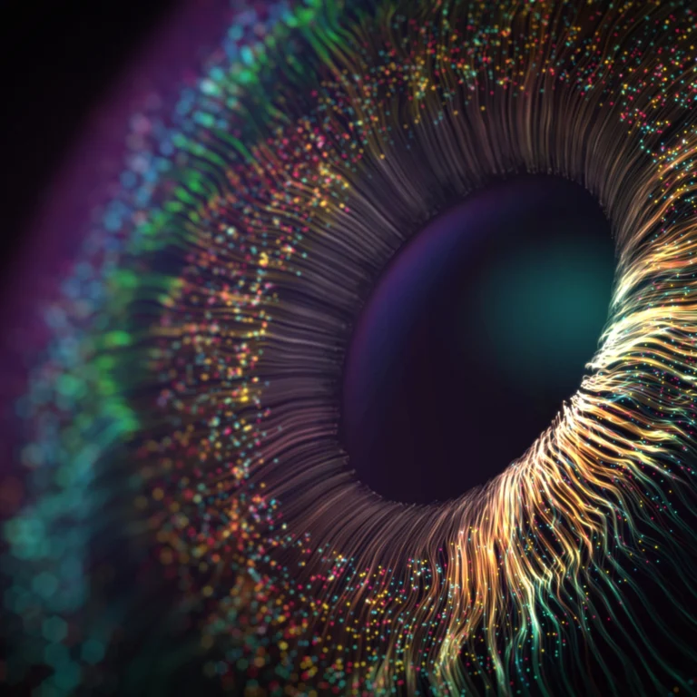 A close-up of a swirling, abstract circular pattern with multicolored light streaks and dots radiating from a dark center.