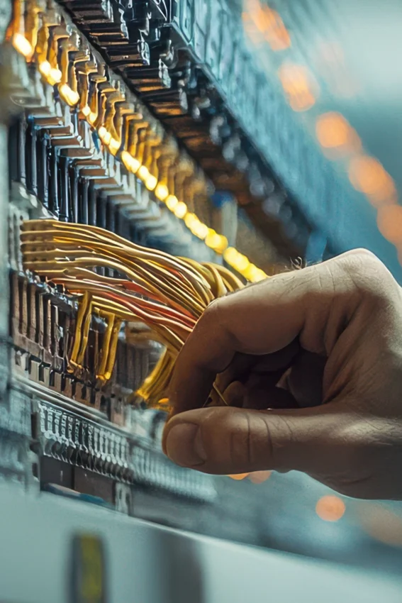 A person’s hand connects yellow network cables to a server rack filled with ports and illuminated indicator lights.