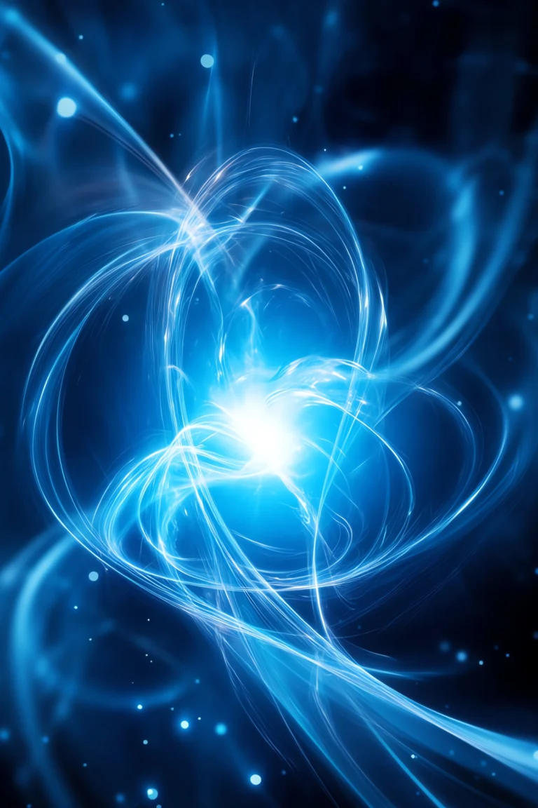 Bright blue abstract energy burst with swirling light trails and glowing lines against a dark background.