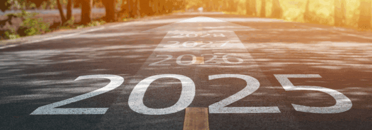 A road with the years 2025, 2026, 2027, and 2028 marked in sequence, with an arrow pointing forward, symbolizing progress into the future and emerging 2025 technology trends.