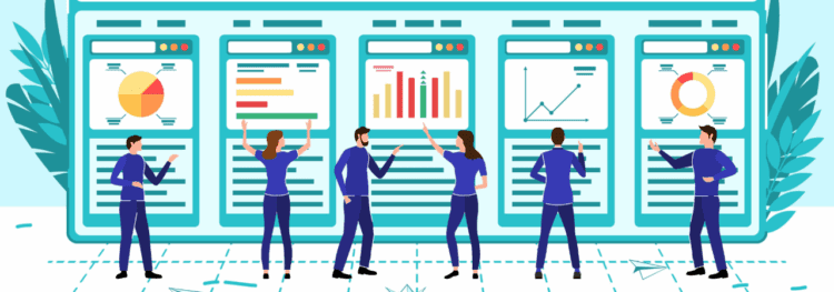 Illustration of six people analyzing data on large digital dashboards displaying graphs, charts, and infographics, exploring what is process orchestration in a collaborative environment.