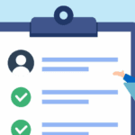 Illustration of a person in a suit holding a clipboard, standing next to a large checklist with check marks and profile icons, highlighting process orchestration benefits.