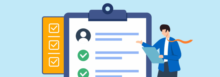 Illustration of a person in a suit holding a clipboard, standing next to a large checklist with check marks and profile icons, highlighting process orchestration benefits.