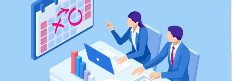 Two business professionals in suits discuss a calendar on the wall with strategy marks, focused at a desk with laptops and bar charts—collaborating on Court Services Digital Transformation.