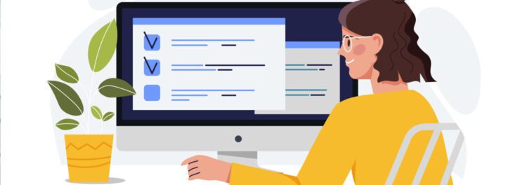 Illustration of a woman using a desktop computer, viewing a checklist on the screen about how to get started with process mining, with a potted plant beside the monitor.