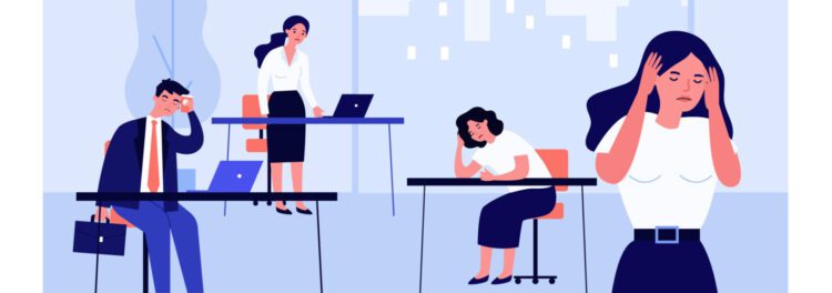 Illustration of four office workers sitting at desks in a modern office, all appearing stressed or fatigued—possibly overwhelmed by ap automation mistakes impacting their workflow.