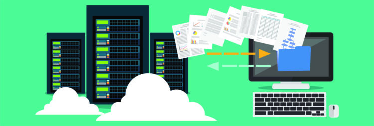 Illustration of data transfer from server racks to a computer, with documents moving between them, clouds in the foreground representing Hyland Cloud, all set on a green background.