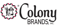 Colony Brands, Inc. logo with stylized text and an illustration of a colonial-era man and woman inside a dotted circular border.