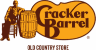 Cracker Barrel Old Country Store logo featuring a man sitting beside a wooden barrel, with the brand name in large letters on a yellow background.