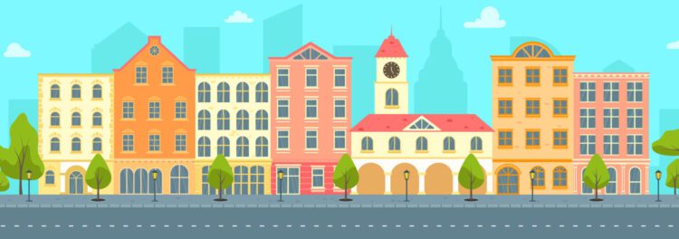 Illustration of a row of colorful buildings and a clock tower along a street with trees under a clear sky, featuring a subtle credit union cloud motif drifting above the scene.