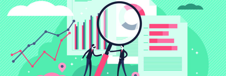Illustration of two figures examining charts and graphs with a magnifying glass, surrounded by various data visualizations and documents, highlighting the concept of Process Discovery.