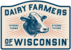 Logo for Dairy Farmers of Wisconsin featuring a cow’s head illustration in the center, with the phrases "Strong Farms" and "Strong Future" on either side, highlighting efficiency like OnBase for accounts payable.
