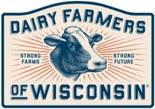 Logo for Dairy Farmers of Wisconsin featuring a cow’s head illustration in the center, with the phrases "Strong Farms" and "Strong Future" on either side, highlighting efficiency like OnBase for accounts payable.